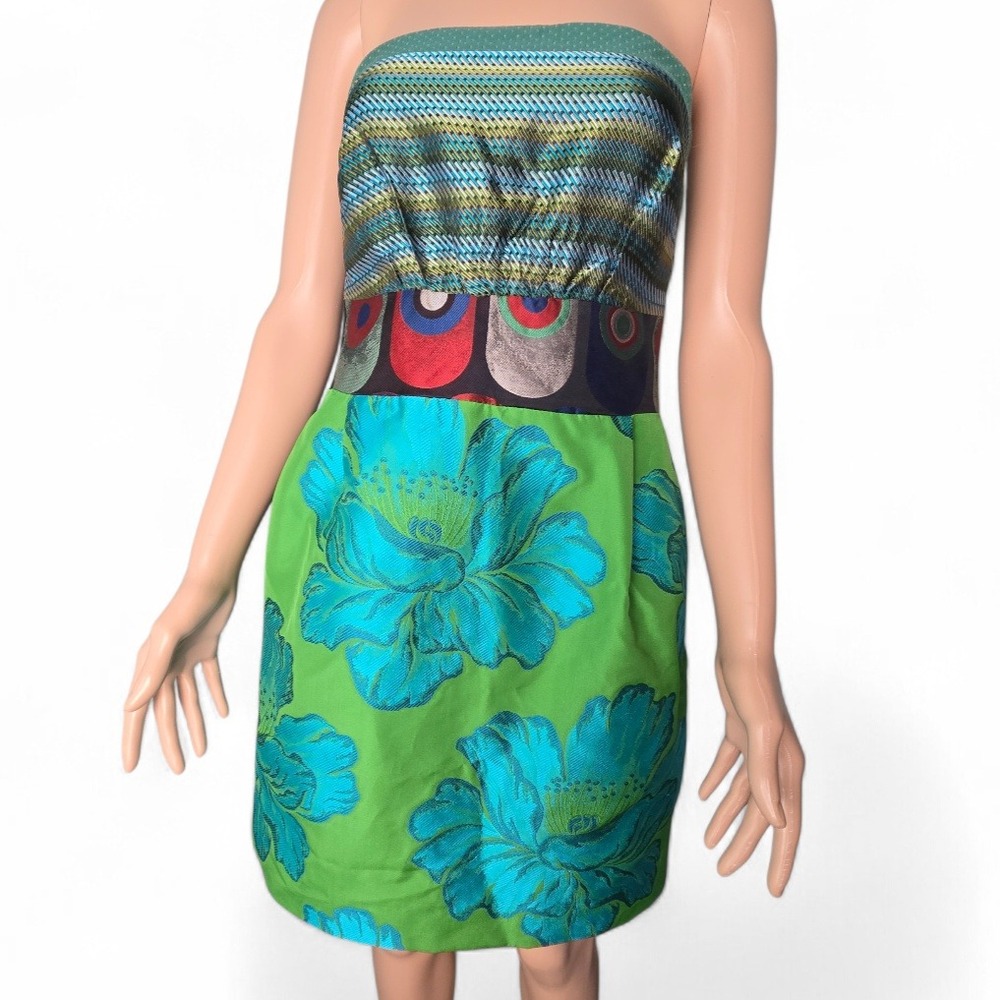 Desigual "La Gardienne" Strapless Mini Dress Size 40 US 4 Green Floral‎ Brocade